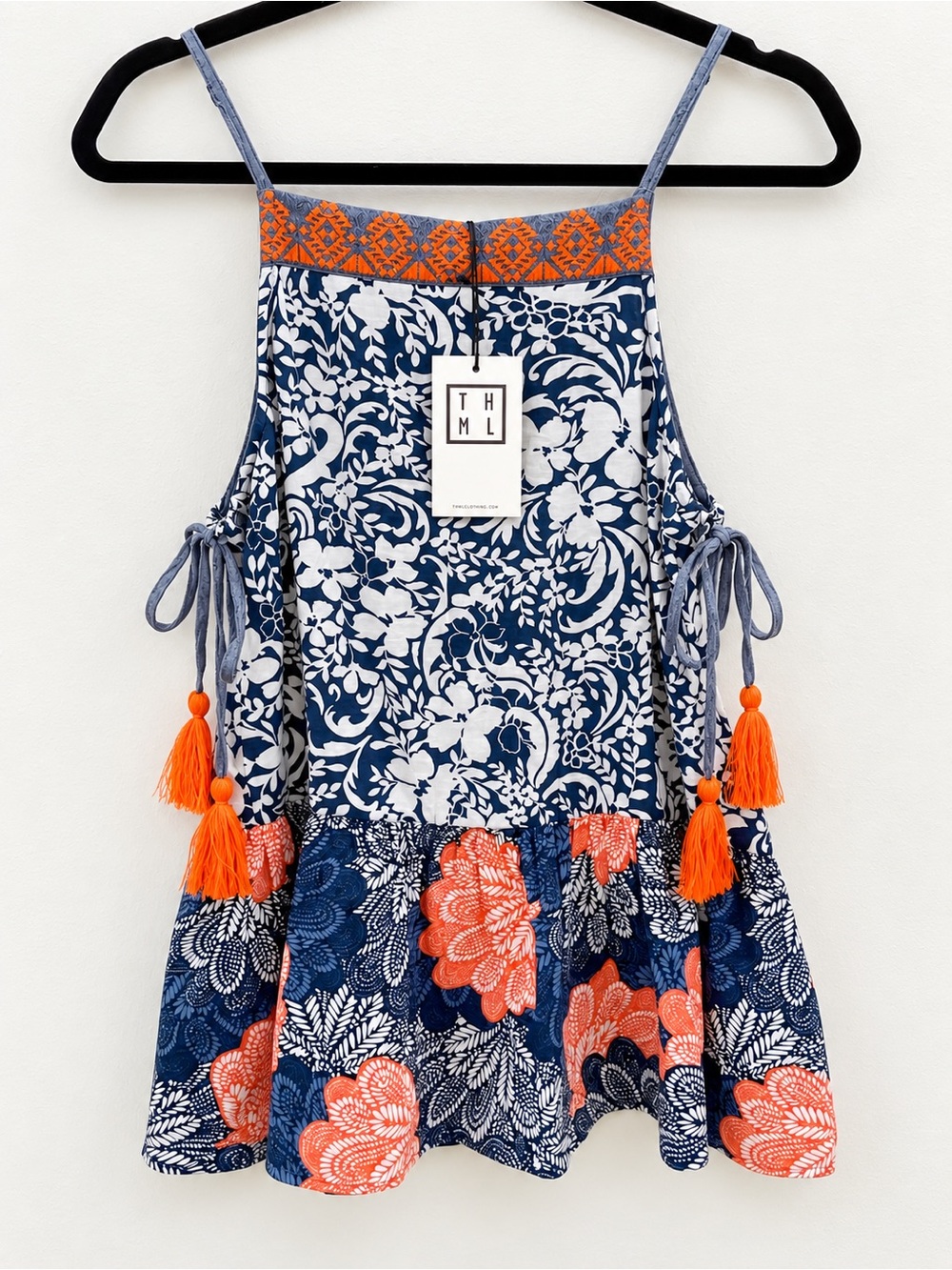 THML Navy, White & Orange Floral Tassel Tank